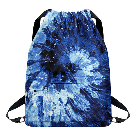 Blue And Black Tie Dye Print Drawstring Backpack