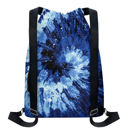 Blue And Black Tie Dye Print Drawstring Backpack