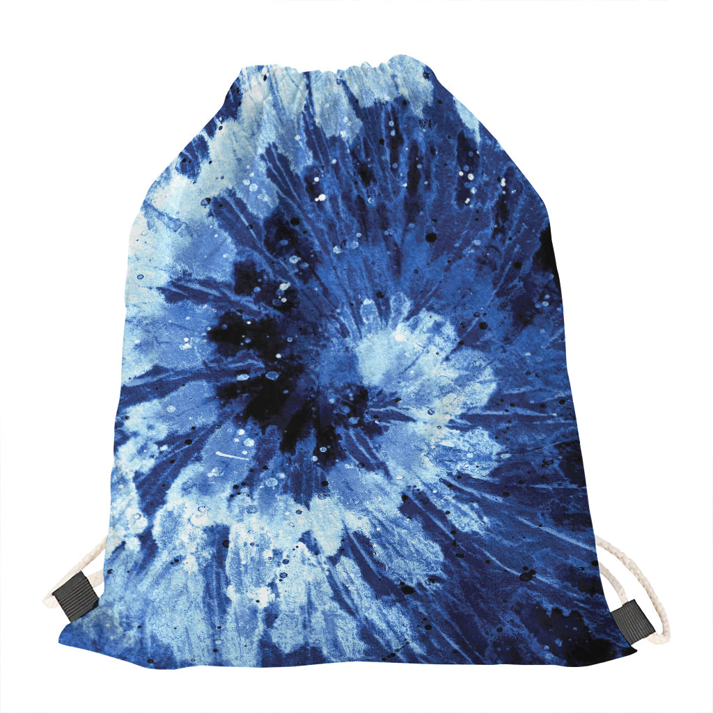 Blue And Black Tie Dye Print Drawstring Bag