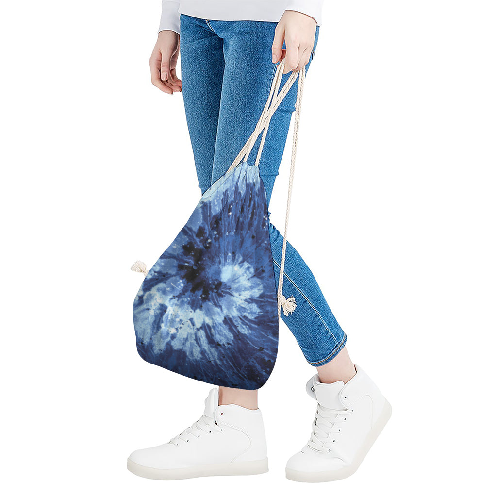 Blue And Black Tie Dye Print Drawstring Bag