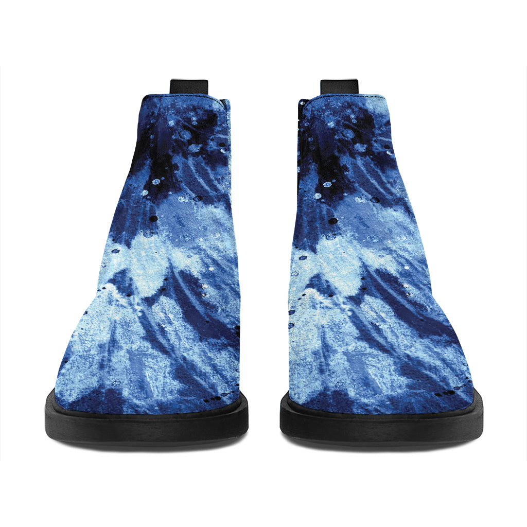 Blue And Black Tie Dye Print Flat Ankle Boots