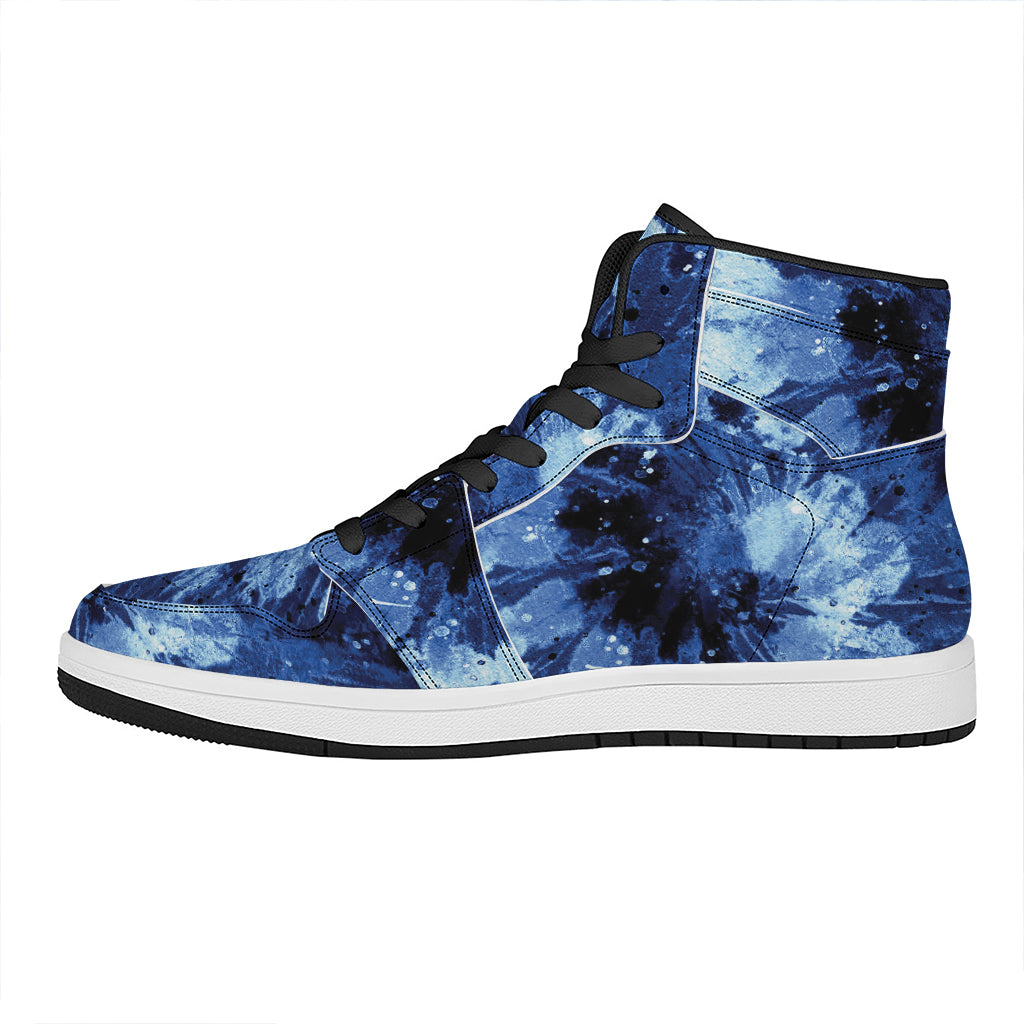 Blue And Black Tie Dye Print High Top Leather Sneakers