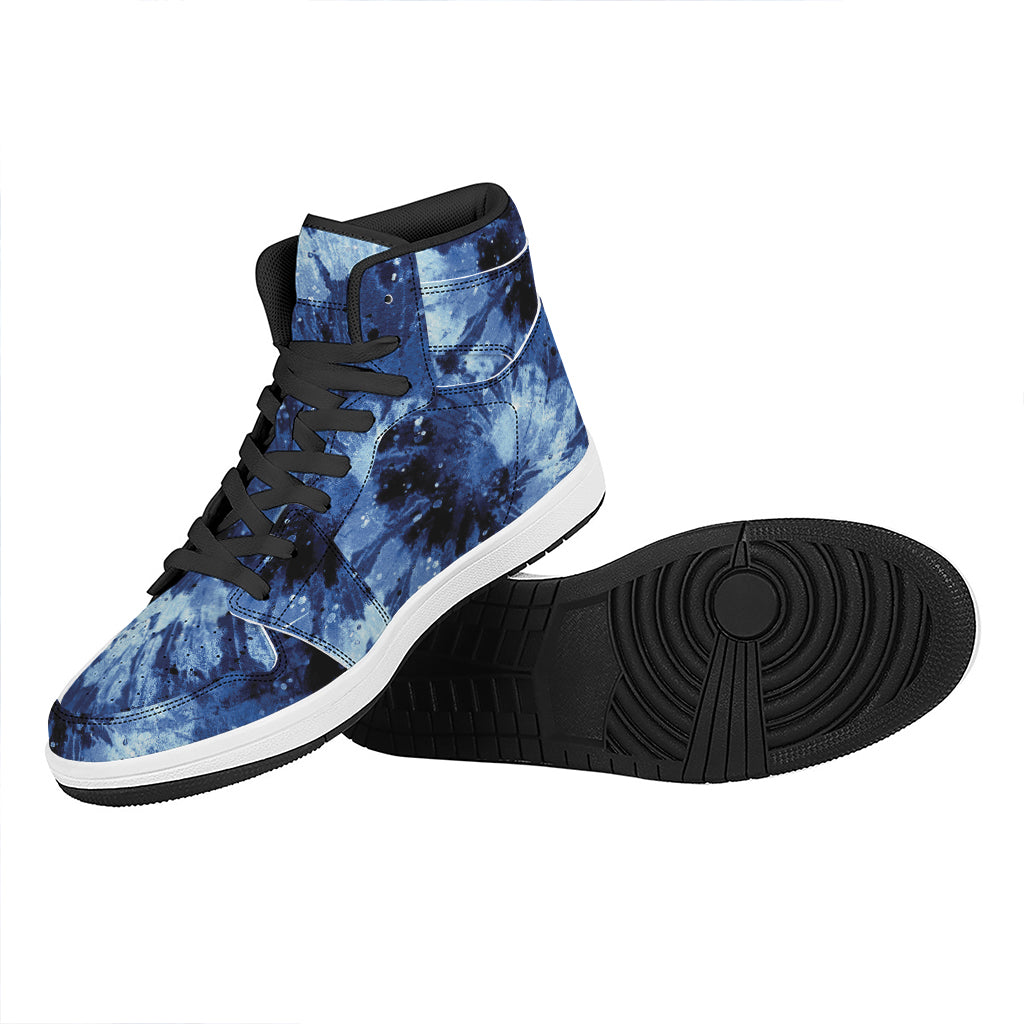 Blue And Black Tie Dye Print High Top Leather Sneakers