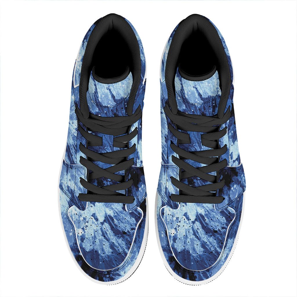 Blue And Black Tie Dye Print High Top Leather Sneakers