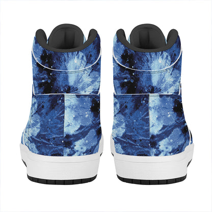 Blue And Black Tie Dye Print High Top Leather Sneakers