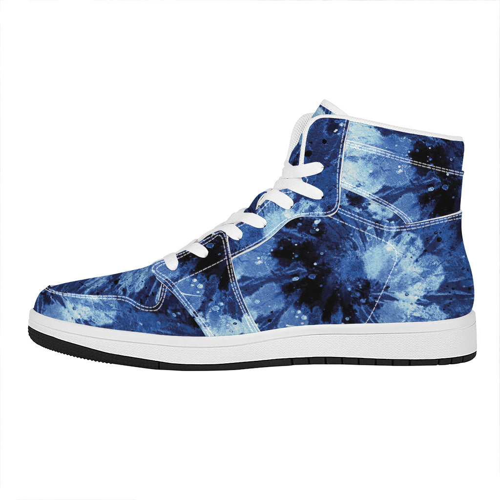 Blue And Black Tie Dye Print High Top Leather Sneakers