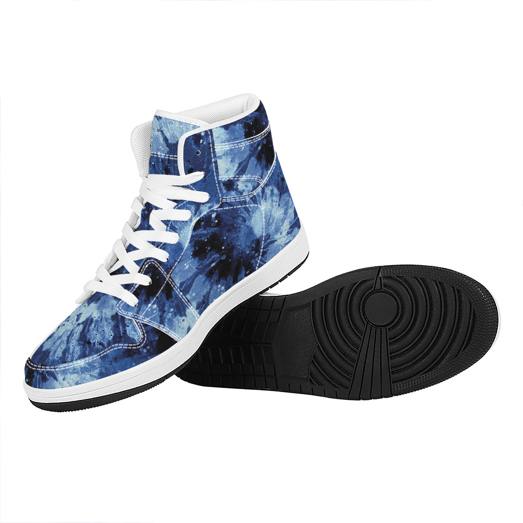 Blue And Black Tie Dye Print High Top Leather Sneakers