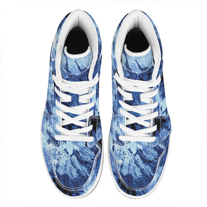Blue And Black Tie Dye Print High Top Leather Sneakers