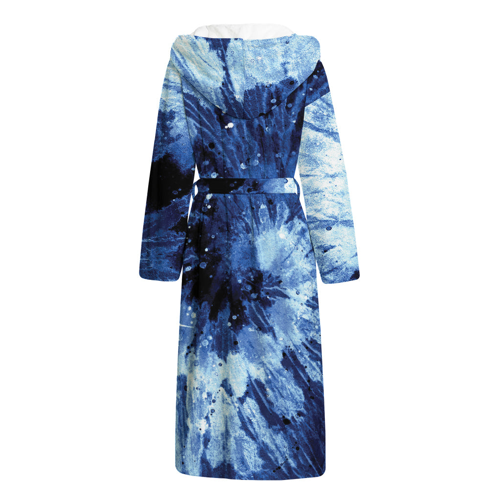 Blue And Black Tie Dye Print Hooded Bathrobe