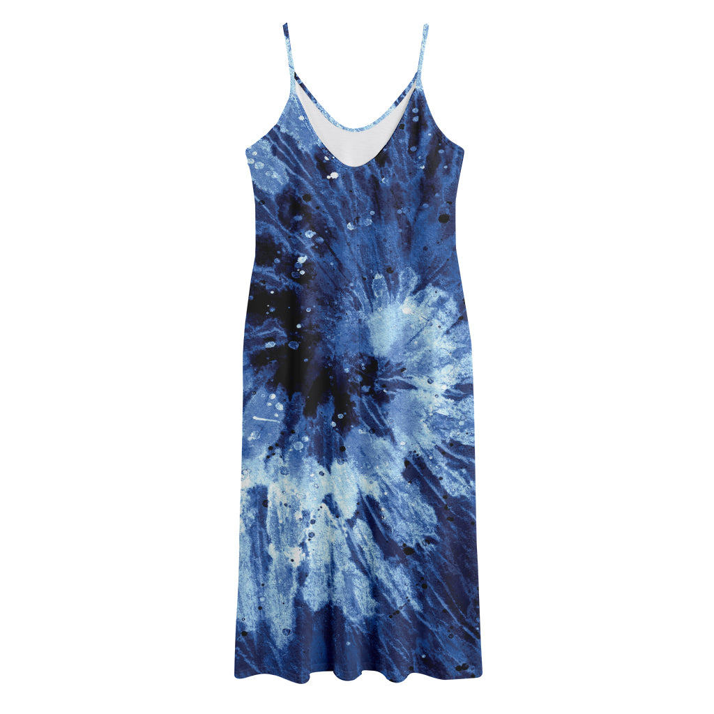 Blue And Black Tie Dye Print Jersey Midi Cami Dress