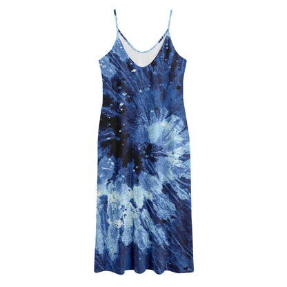 Blue And Black Tie Dye Print Jersey Midi Cami Dress