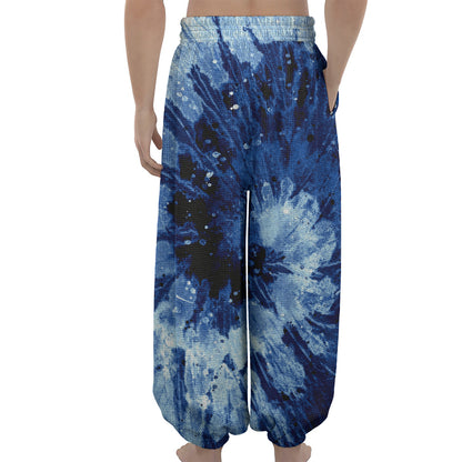Blue And Black Tie Dye Print Lantern Pants