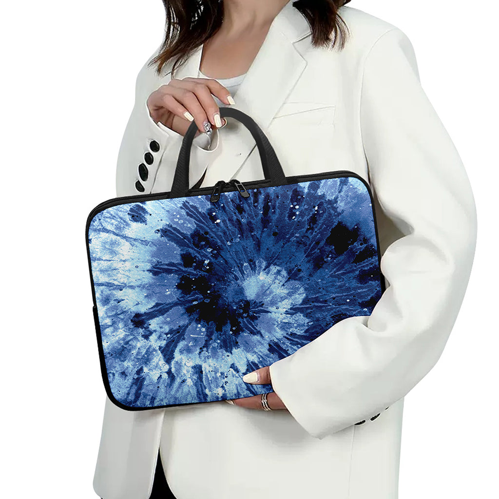 Blue And Black Tie Dye Print Laptop Sleeve With Handle