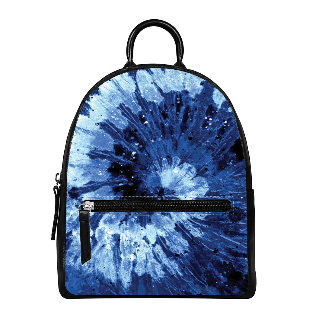 Blue And Black Tie Dye Print Leather Backpack