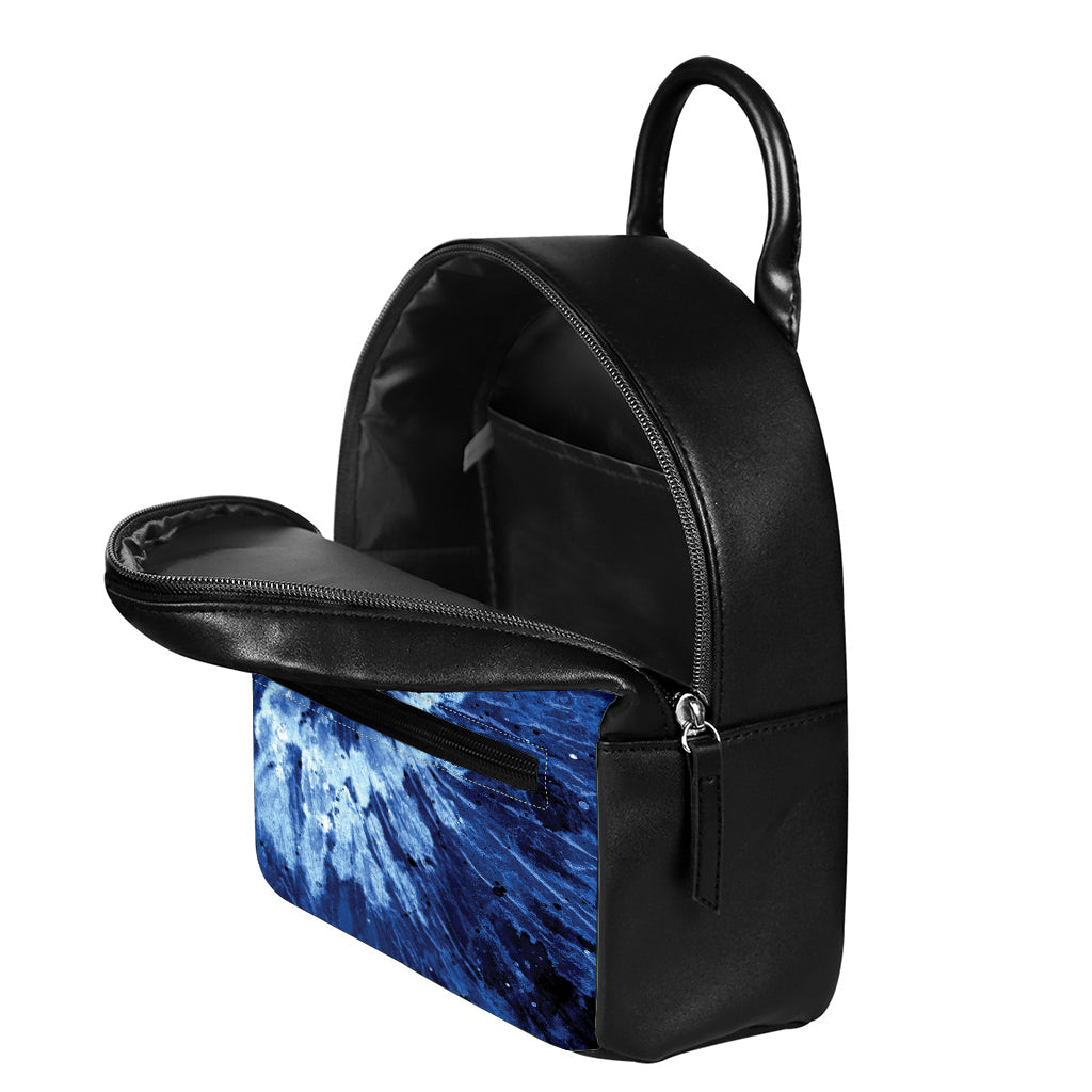 Blue And Black Tie Dye Print Leather Backpack