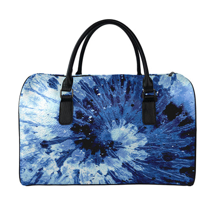 Blue And Black Tie Dye Print Leather Duffle Bag