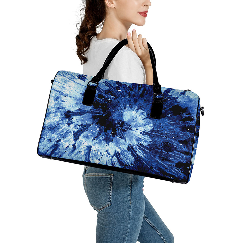Blue And Black Tie Dye Print Leather Duffle Bag
