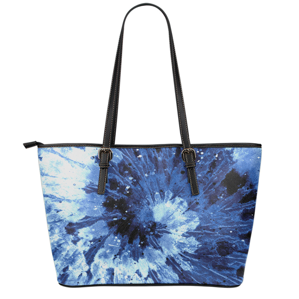 Blue And Black Tie Dye Print Leather Tote Bag