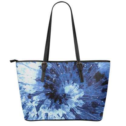 Blue And Black Tie Dye Print Leather Tote Bag