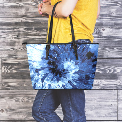 Blue And Black Tie Dye Print Leather Tote Bag