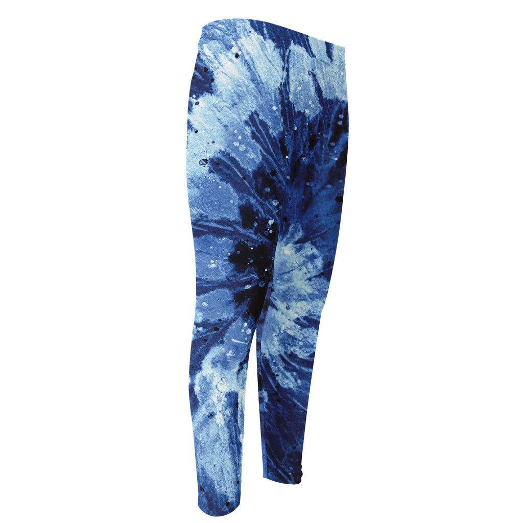 Blue And Black Tie Dye Print Men's Compression Pants