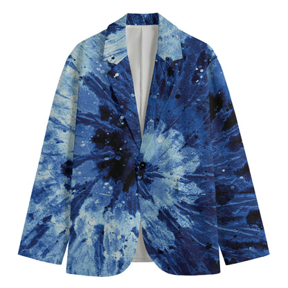 Blue And Black Tie Dye Print Men's Cotton Blazer