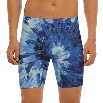 Blue And Black Tie Dye Print Men's Long Boxer Briefs