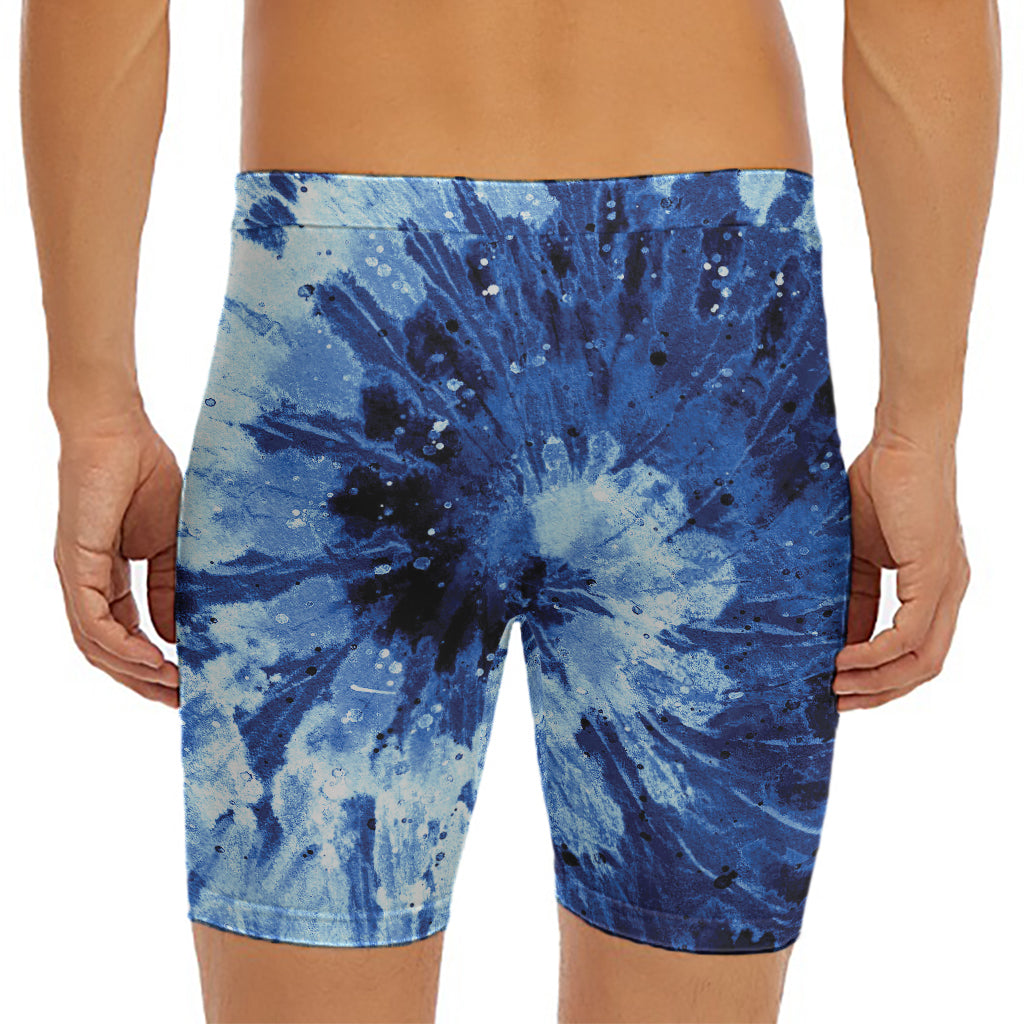 Blue And Black Tie Dye Print Men's Long Boxer Briefs