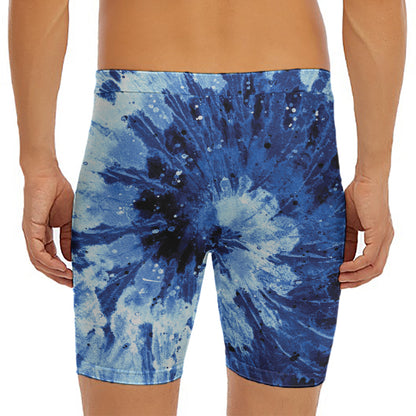 Blue And Black Tie Dye Print Men's Long Boxer Briefs