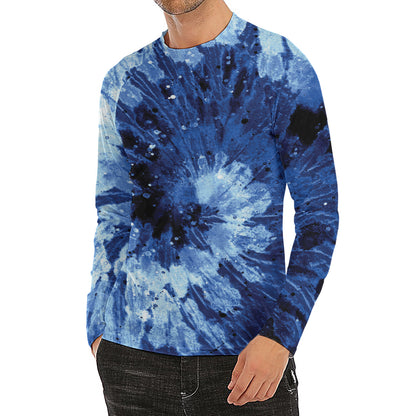 Blue And Black Tie Dye Print Men's Long Sleeve Rash Guard