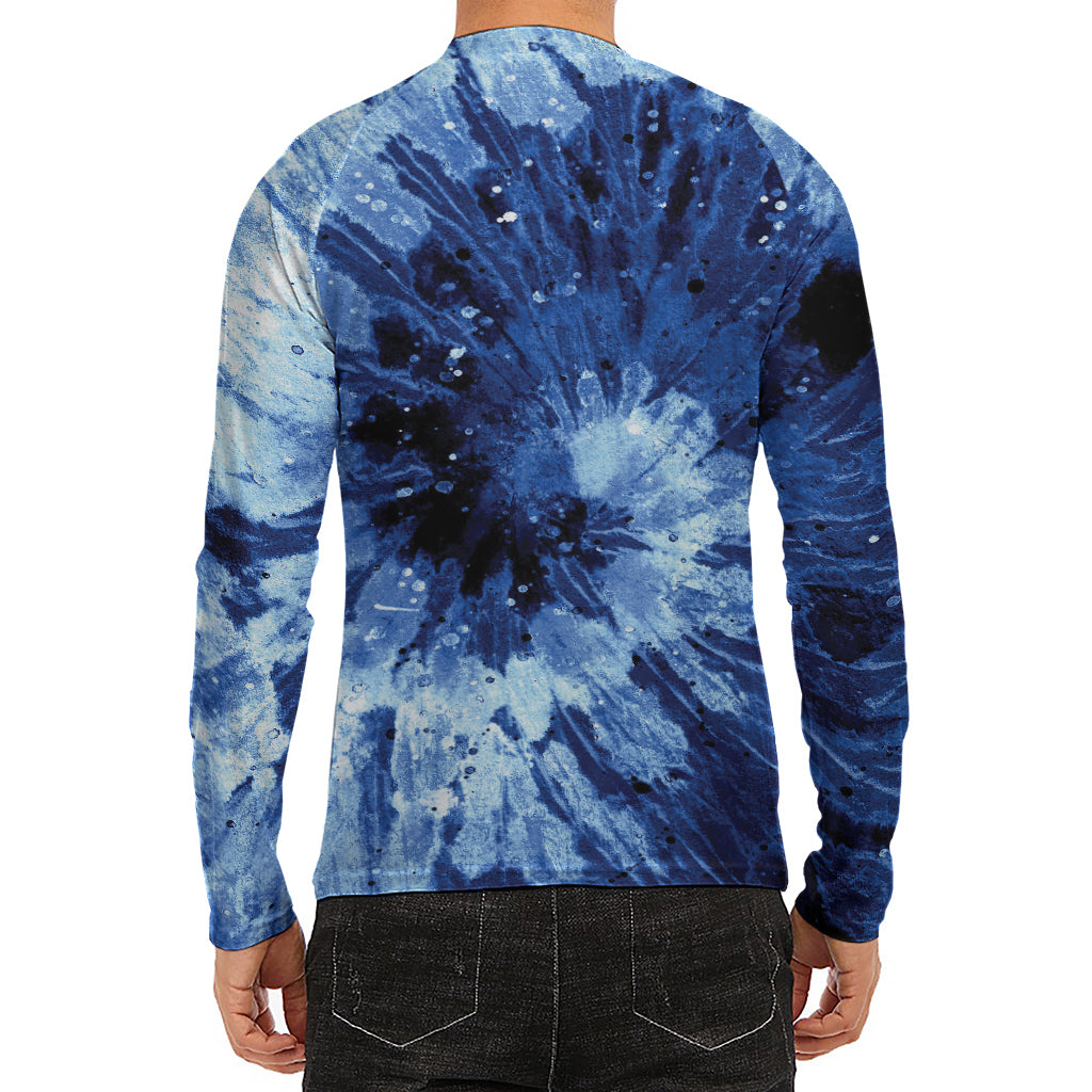 Blue And Black Tie Dye Print Men's Long Sleeve Rash Guard