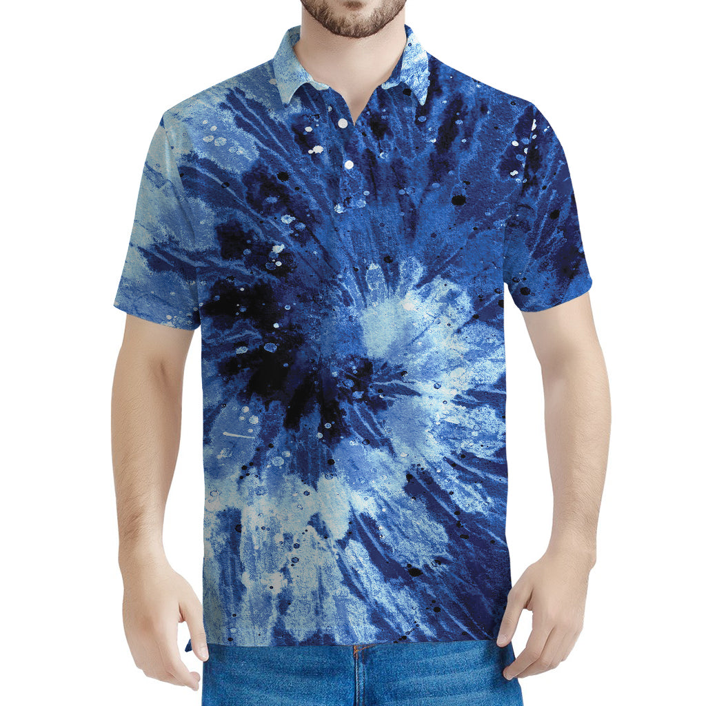 Blue And Black Tie Dye Print Men's Polo Shirt