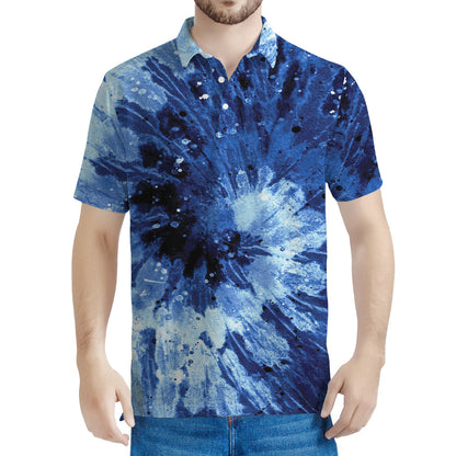 Blue And Black Tie Dye Print Men's Polo Shirt