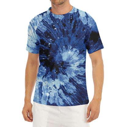 Blue And Black Tie Dye Print Men's Short Sleeve Rash Guard
