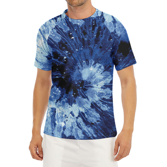 Blue And Black Tie Dye Print Men's Short Sleeve Rash Guard