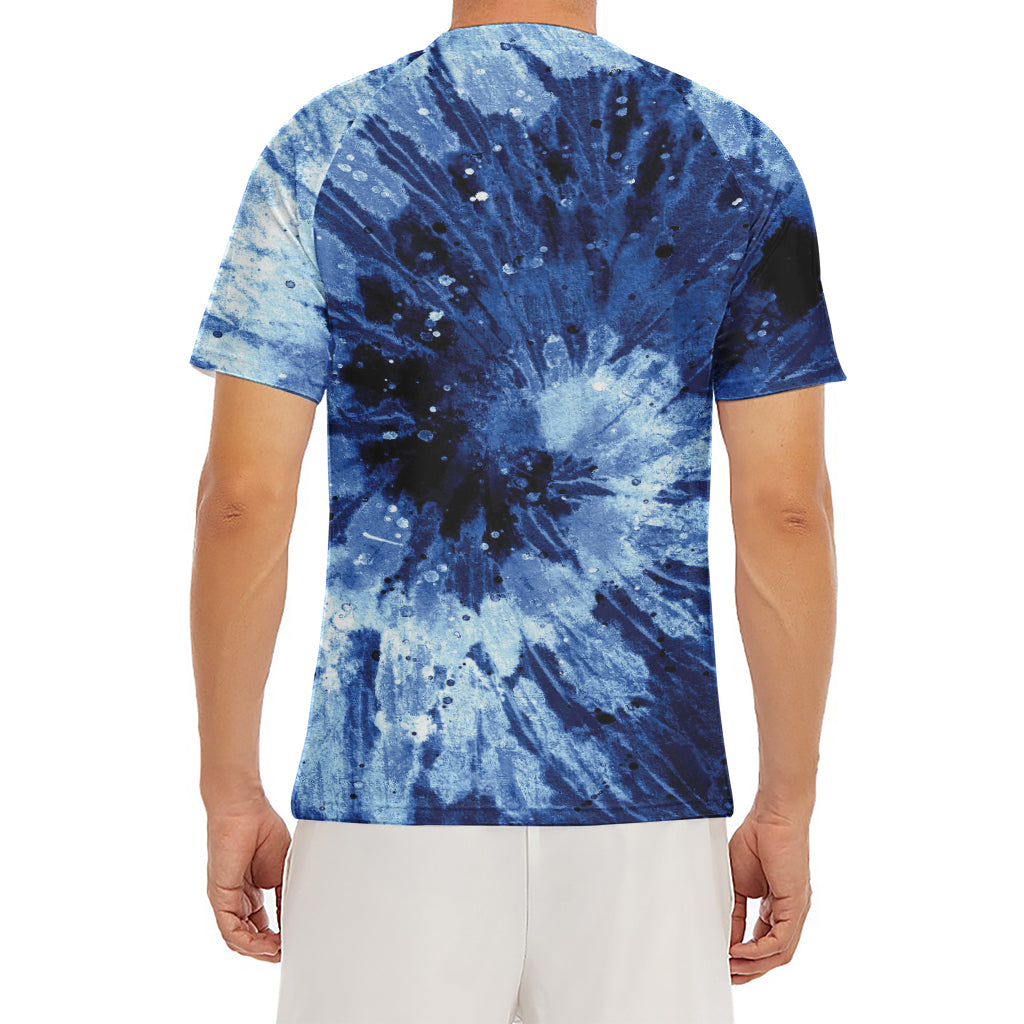 Blue And Black Tie Dye Print Men's Short Sleeve Rash Guard