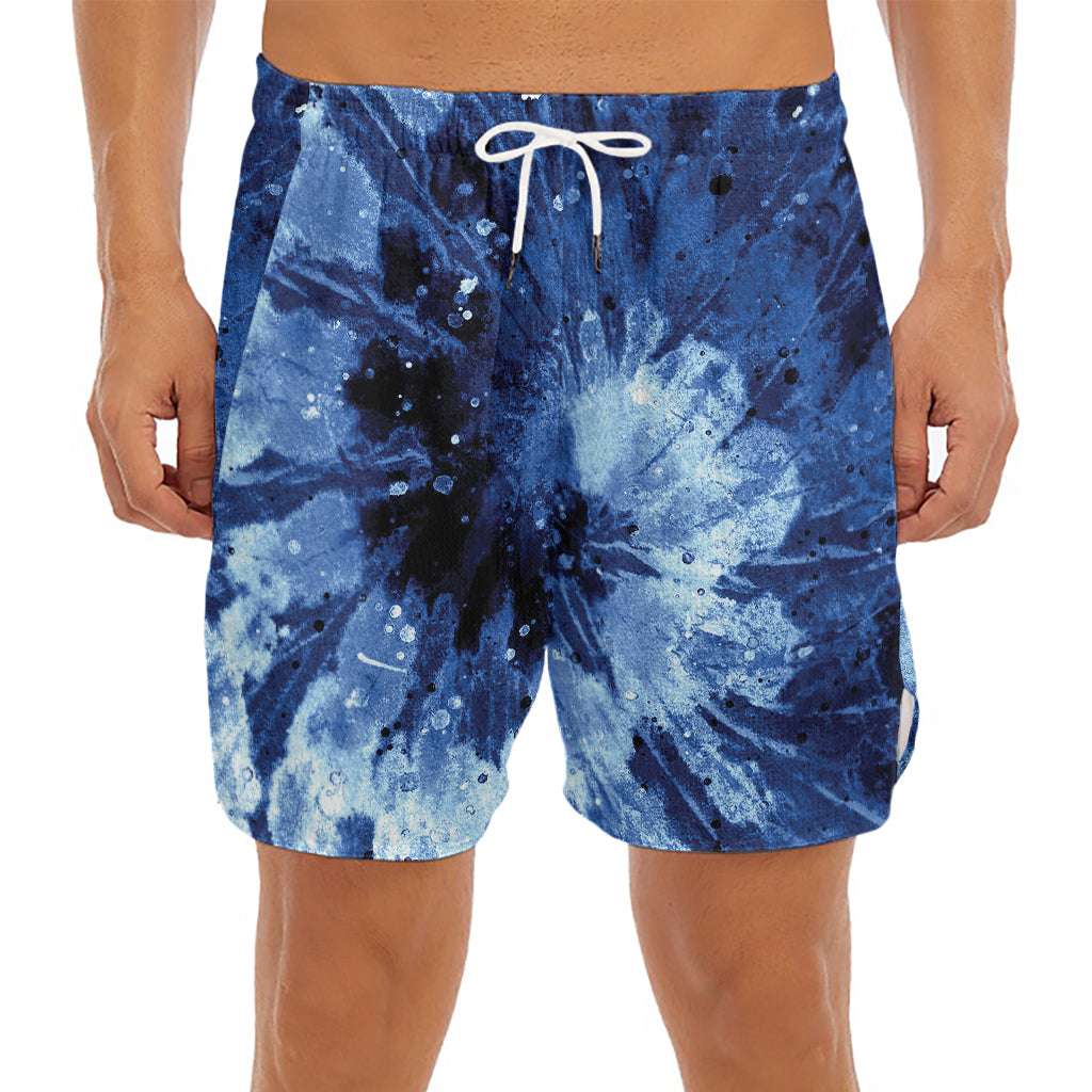 Blue And Black Tie Dye Print Men's Split Running Shorts