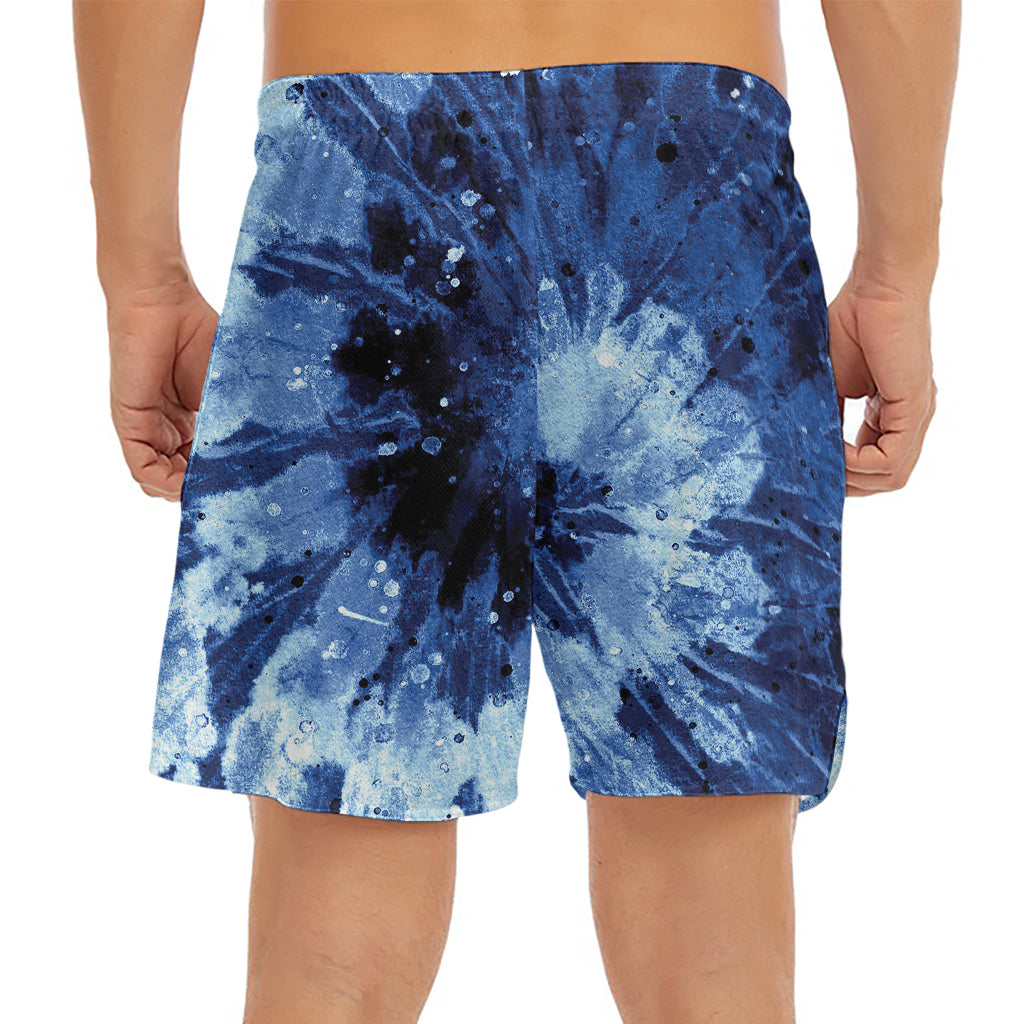 Blue And Black Tie Dye Print Men's Split Running Shorts