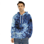 Blue And Black Tie Dye Print Men's Velvet Pullover Hoodie