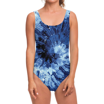 Blue And Black Tie Dye Print One Piece Swimsuit