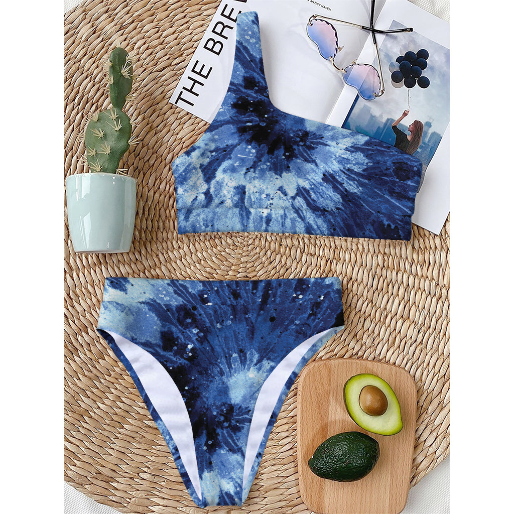 Blue And Black Tie Dye Print One Shoulder Bikini Top