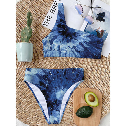 Blue And Black Tie Dye Print One Shoulder Bikini Top