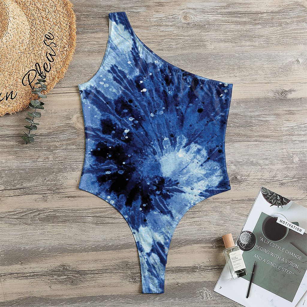 Blue And Black Tie Dye Print One Shoulder Bodysuit