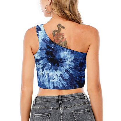 Blue And Black Tie Dye Print One Shoulder Crop Top