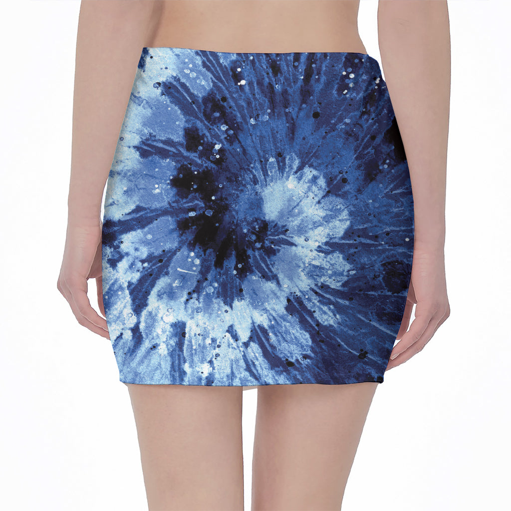 Blue And Black Tie Dye Print Pencil Mini Skirt