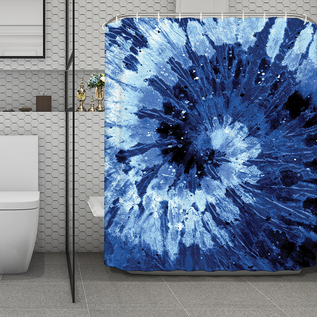 Blue And Black Tie Dye Print Polyester Shower Curtain
