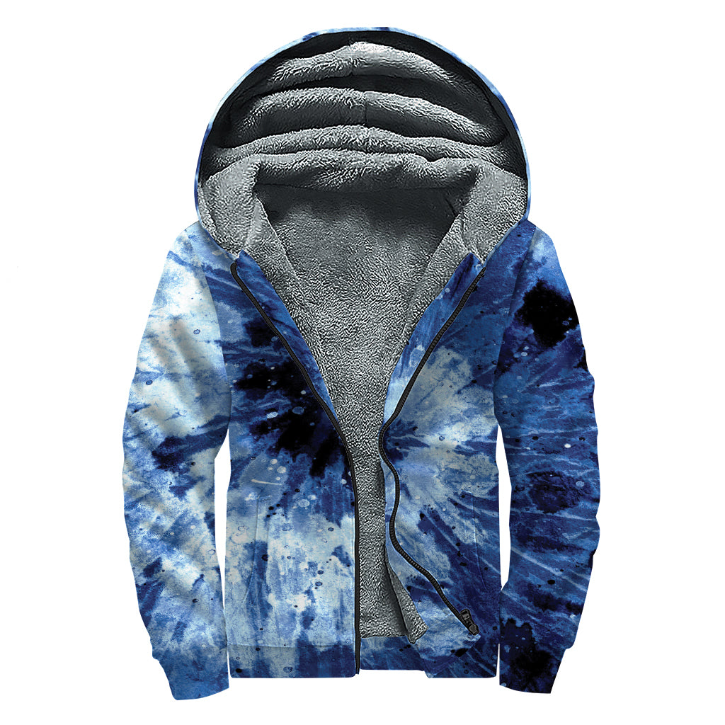 Blue And Black Tie Dye Print Sherpa Lined Zip Up Hoodie