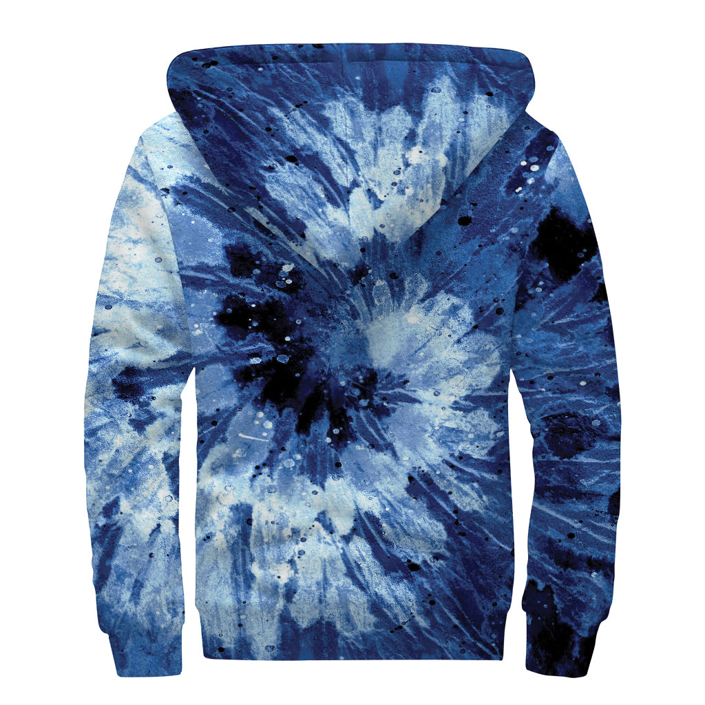 Blue And Black Tie Dye Print Sherpa Lined Zip Up Hoodie