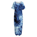 Blue And Black Tie Dye Print Short Sleeve Long Nightdress