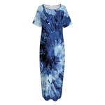 Blue And Black Tie Dye Print Short Sleeve Long Nightdress